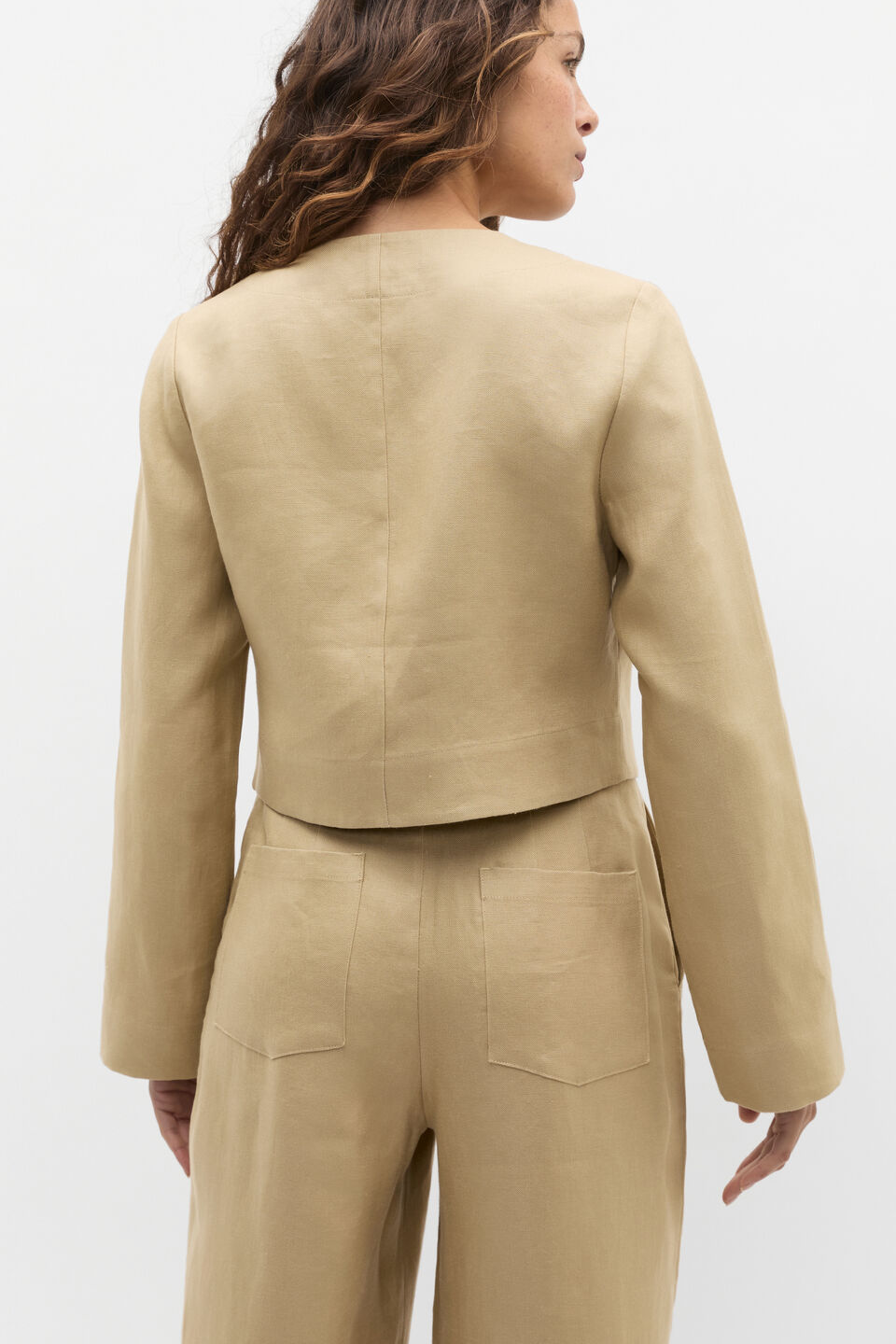 Long Sleeve Linen Vest  Cashew