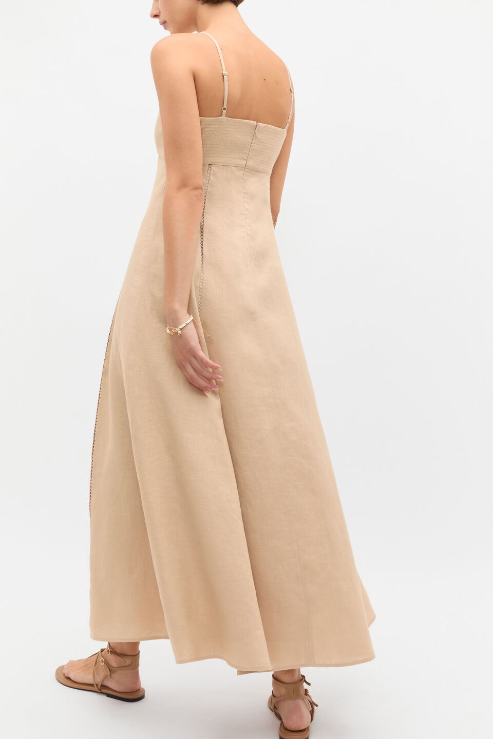 Linen Trim Insert Midi Dress  Ecru