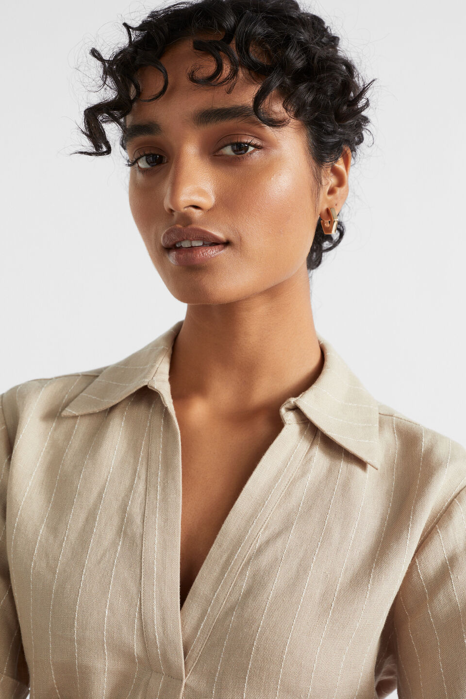 Linen Pinstripe Twist Shirt  Cool Sand Pinstripe