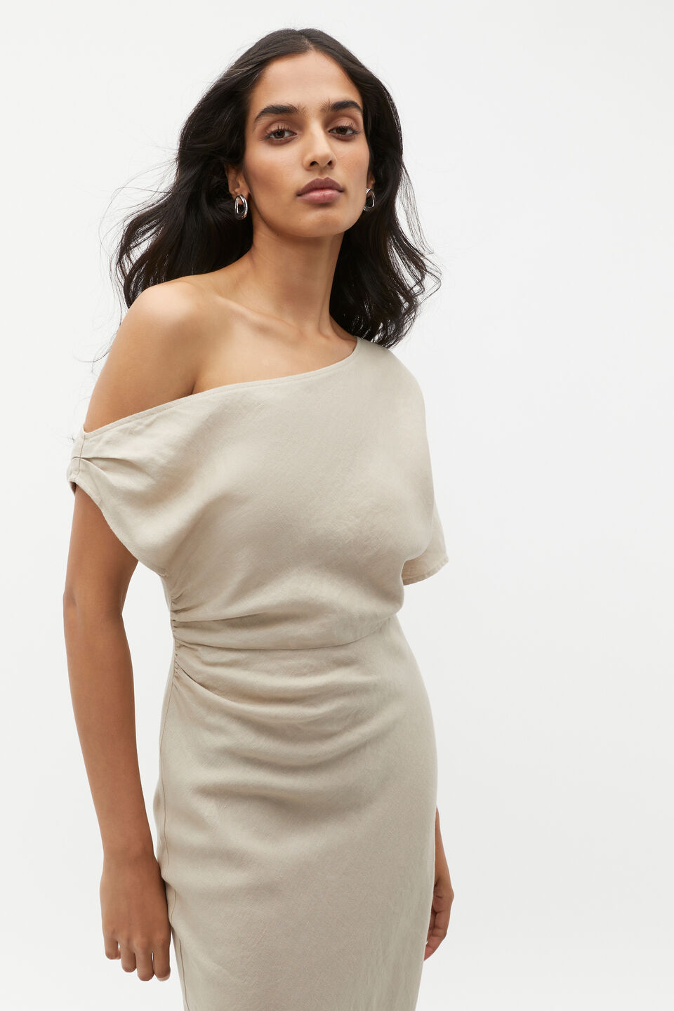 Linen Draped Shoulder Midi Dress  Cool Sand