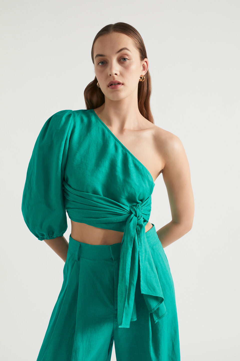 Linen Blouson One Shoulder Top  Deep Teal