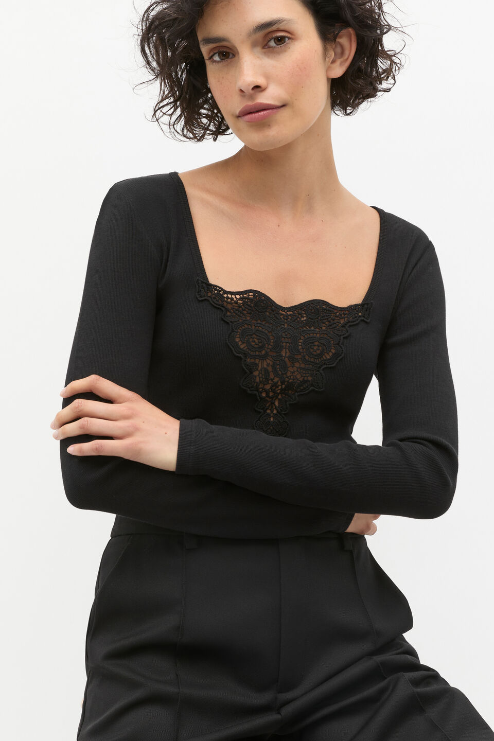 Lace Detail Long Sleeve Top  Black