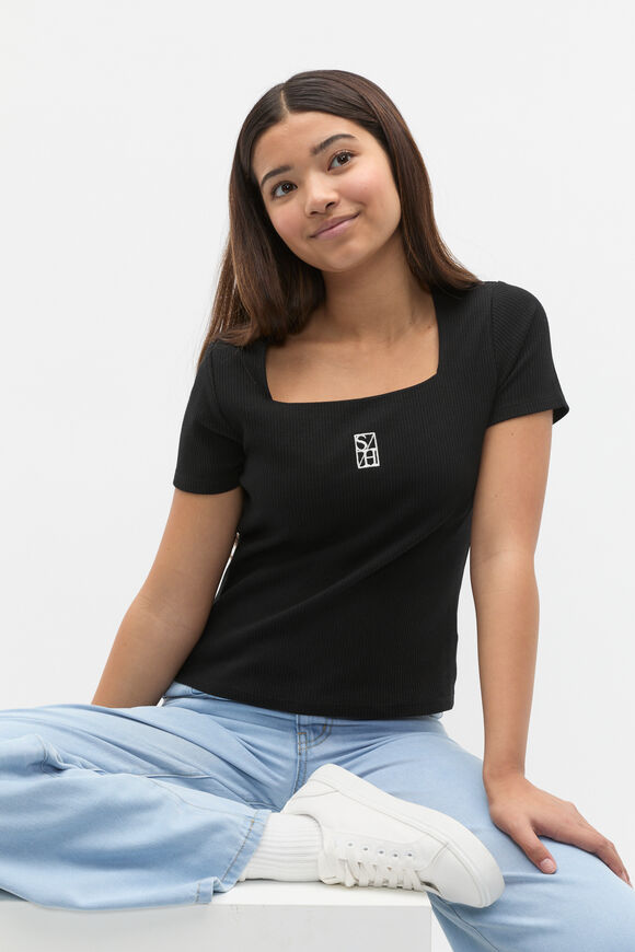 Square Neck Logo Rib Tee  Black  hi-res
