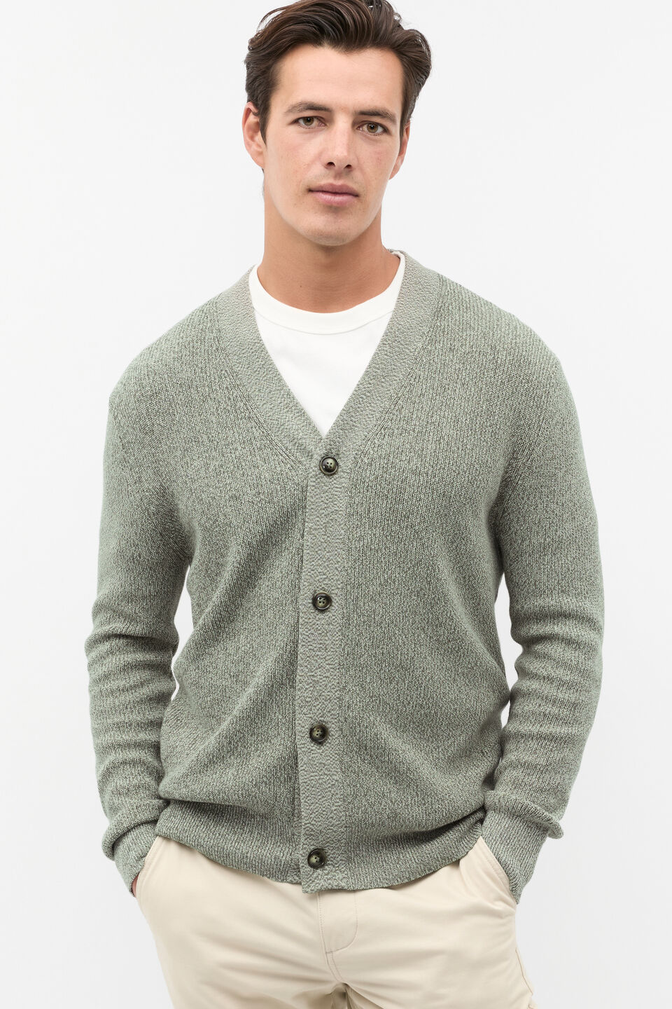 Button Down Cardigan  Dark Khaki Marle