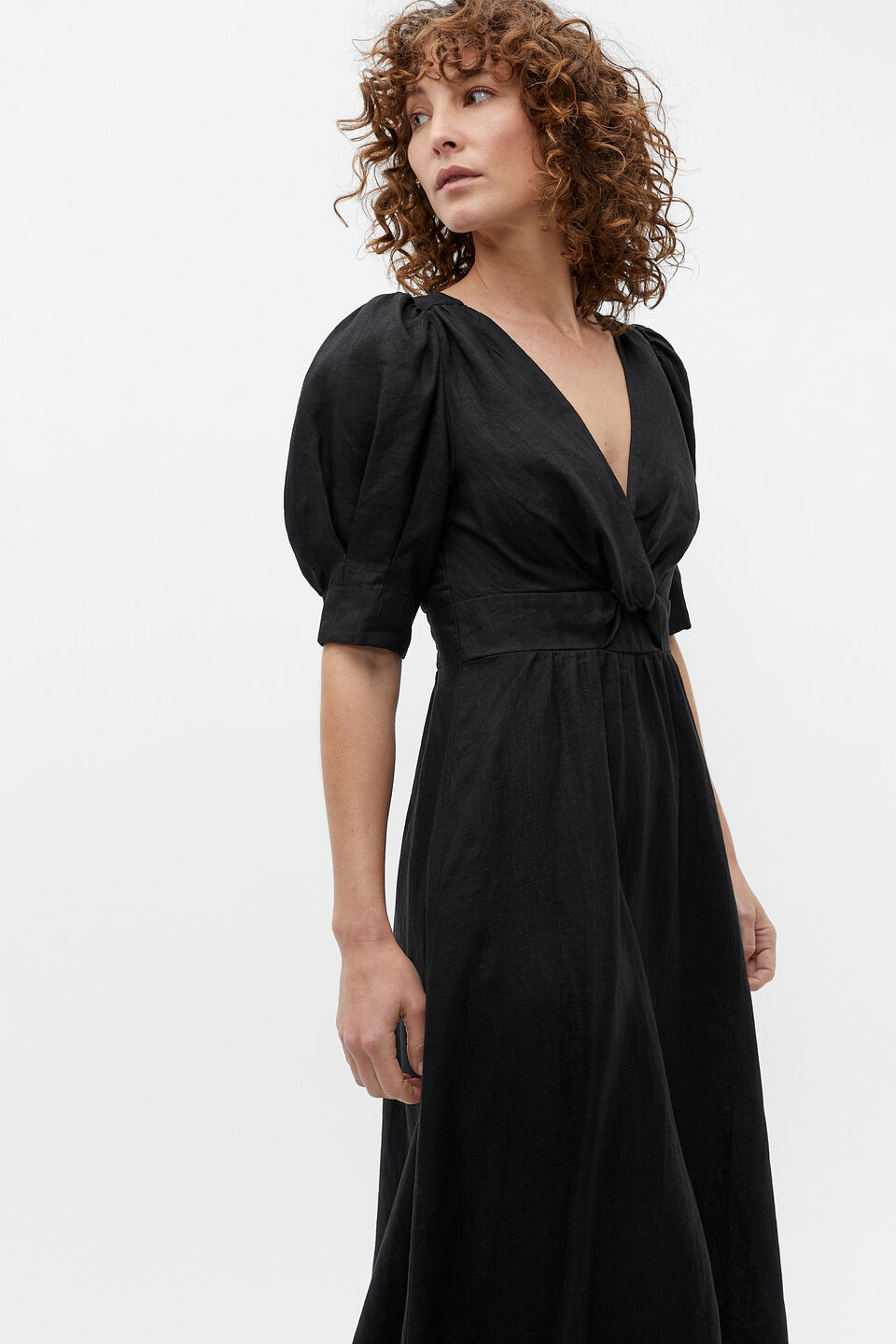 Linen Twist Front Midi Dress  Black