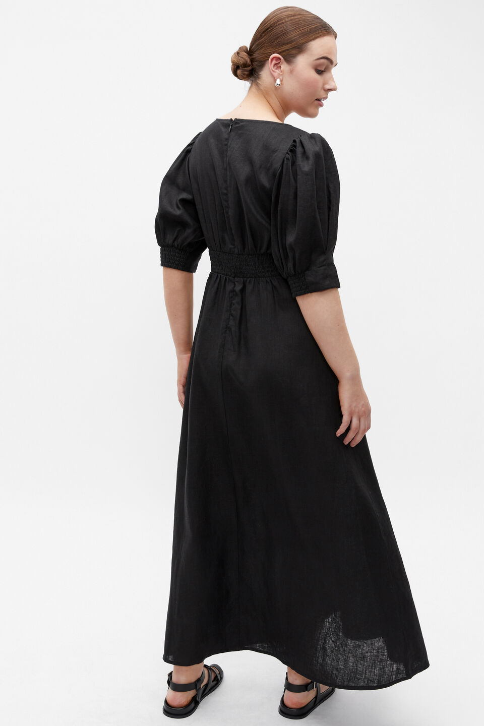 Linen Twist Front Midi Dress  Black