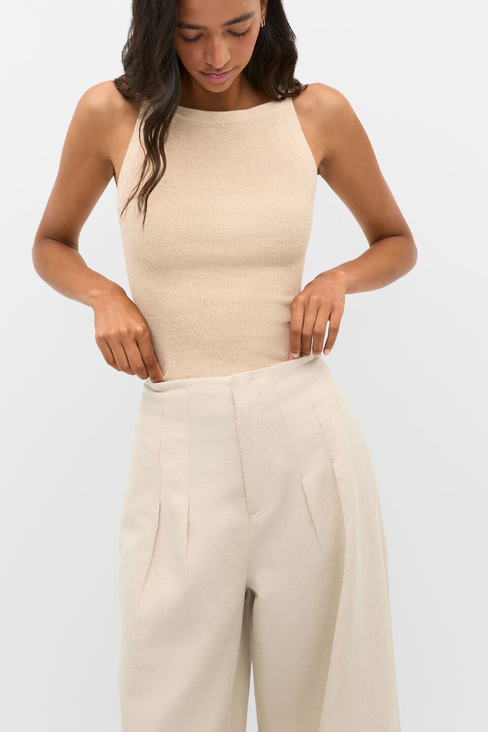 Cotton Blend Rib Knit Top  Ecru Marle