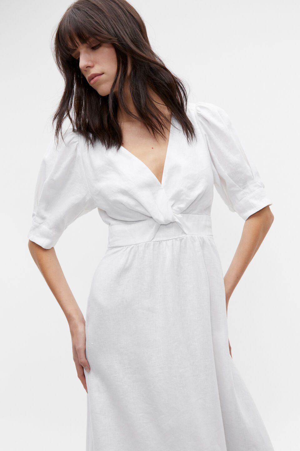 Linen Twist Front Midi Dress  Whisper White