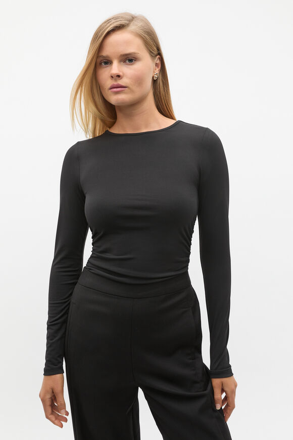 Ruched Long Sleeve Top  Black  hi-res