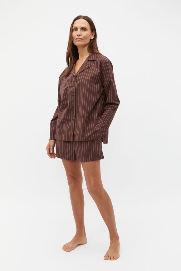 Stripe Long Sleeve Shirt And Short PJ Set  Claret Stripe  hi-res