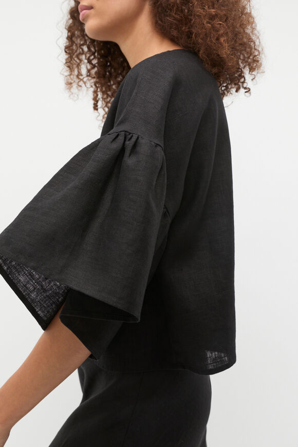 Linen Frill Sleeve Top  Black  hi-res