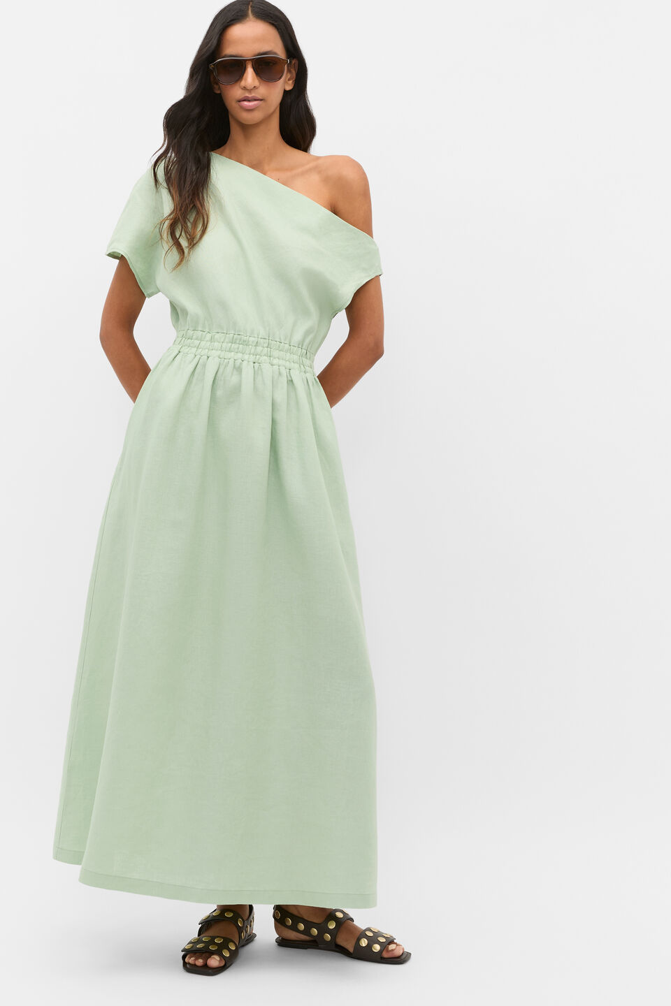 Linen Off Shoulder Maxi Dress  Eucalyptus