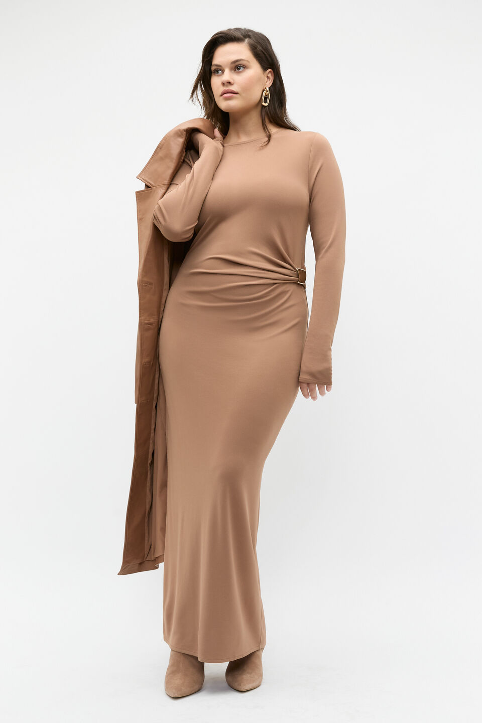 Long Sleeve Ruched Side Dress  Amaretto