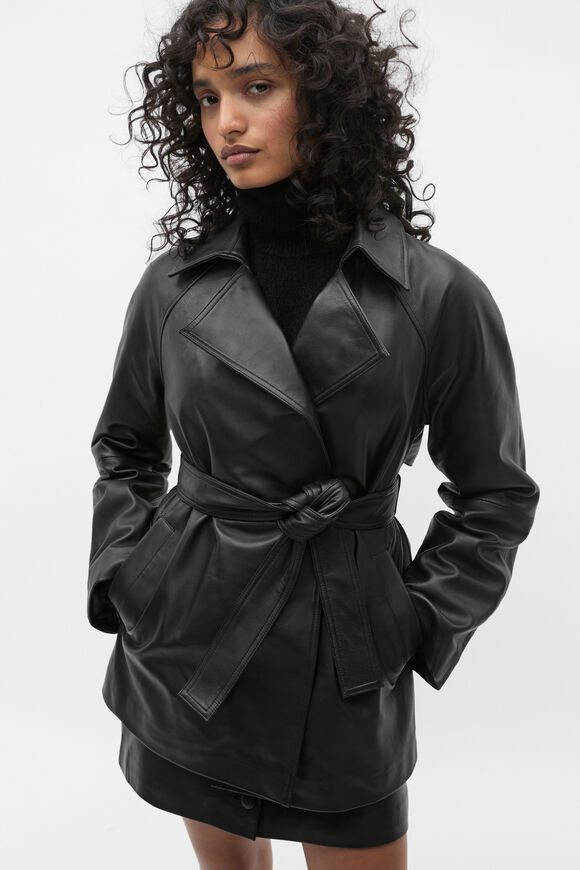 Leather Cropped Trench Coat  Black  hi-res