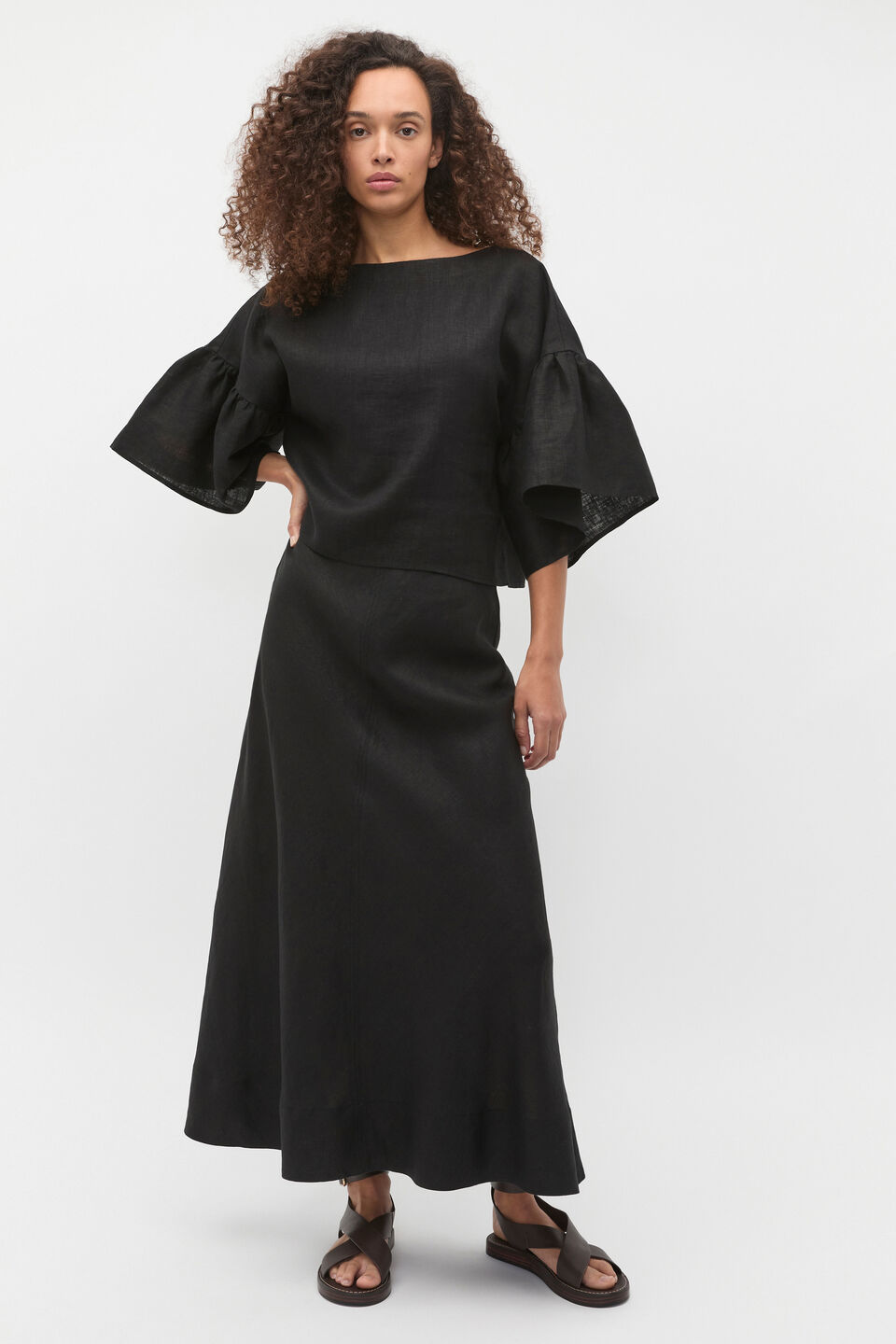 Linen Frill Sleeve Top  Black
