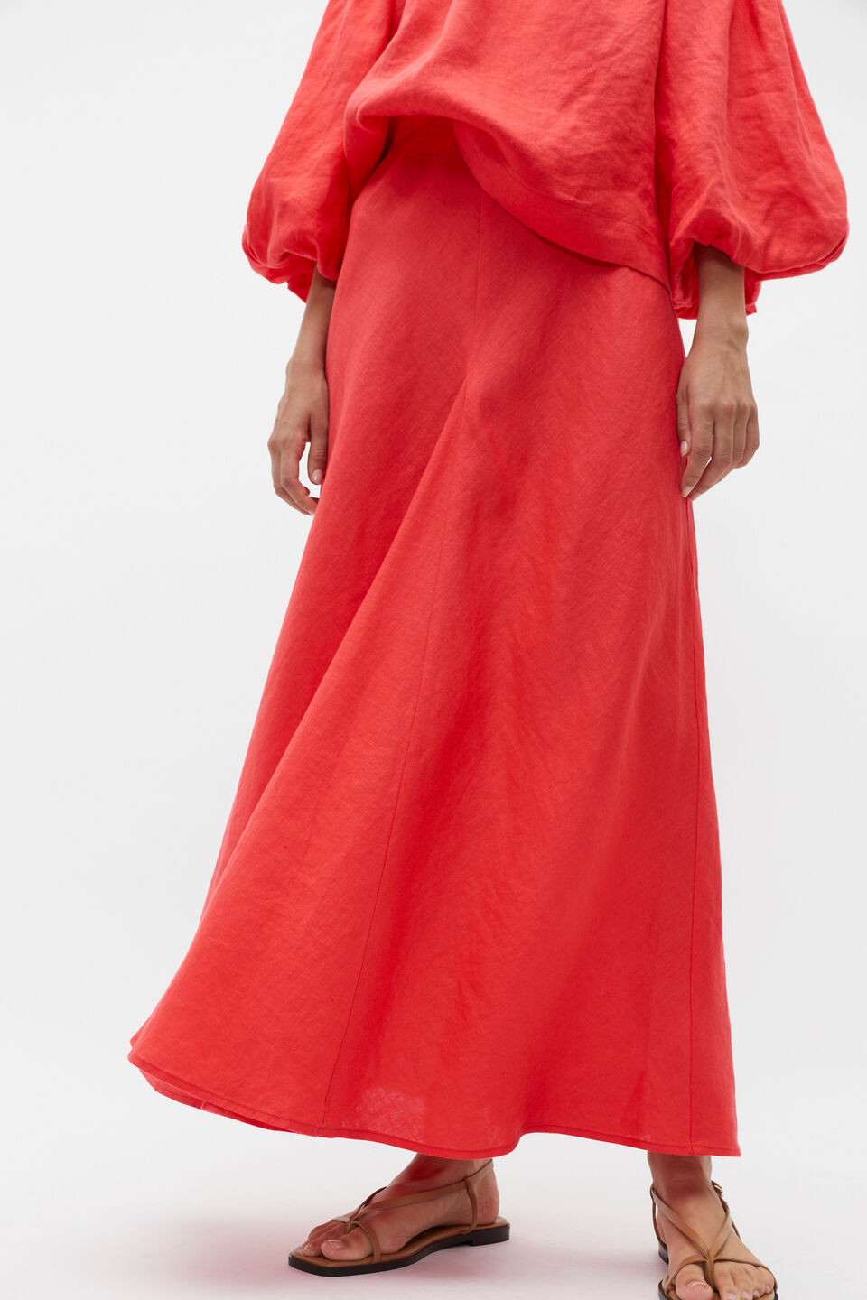 Linen Panel Insert Midi Skirt  Strawberry Red