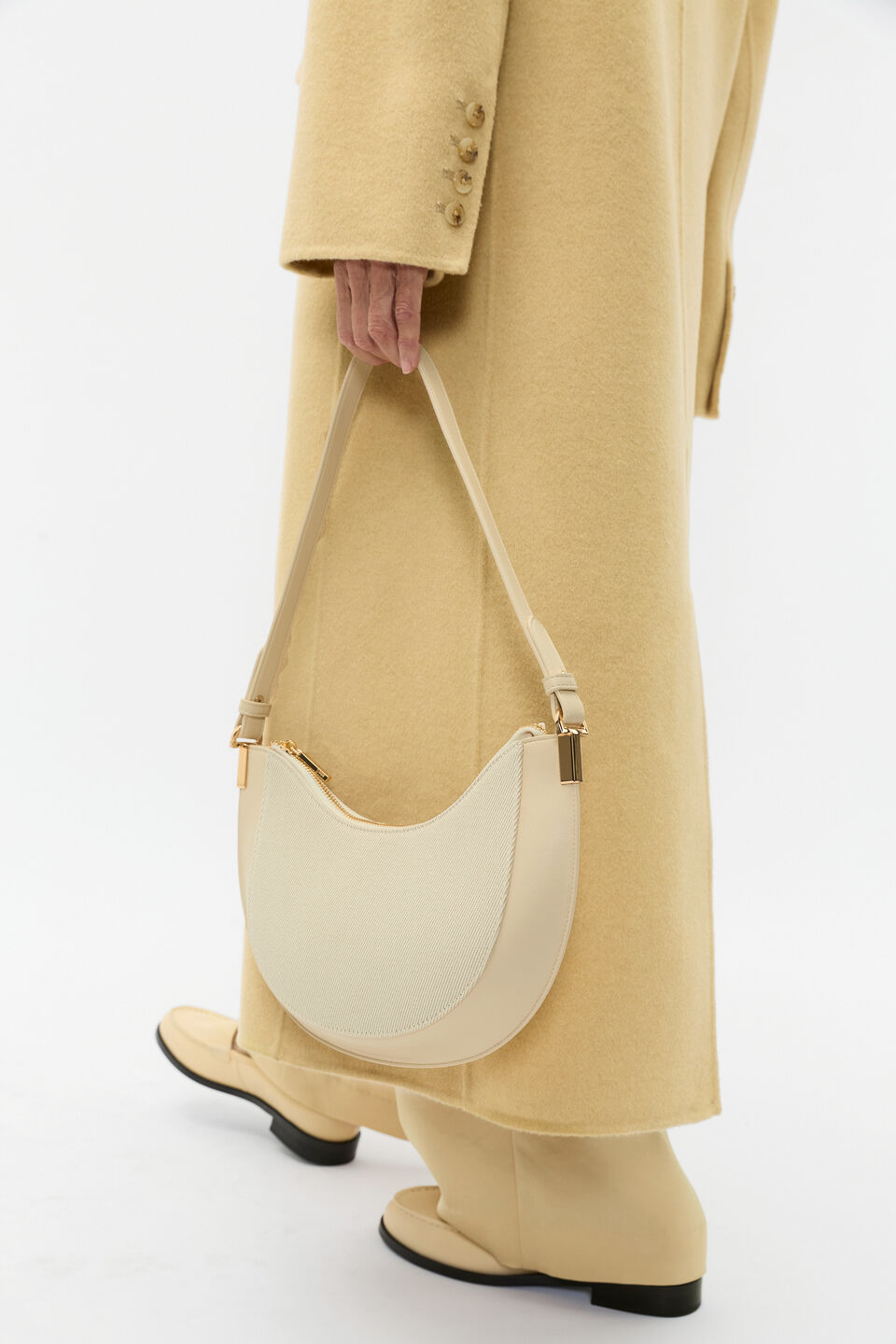 Textured Curved Shoulder Bag  Light Marzipan