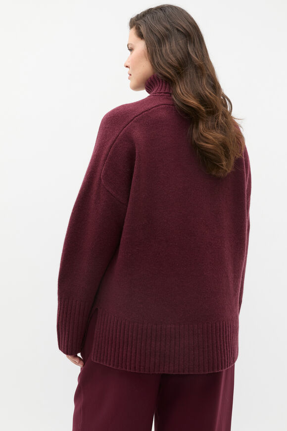 Merino Wool Roll Neck Side Split Knit  Plum Red  hi-res
