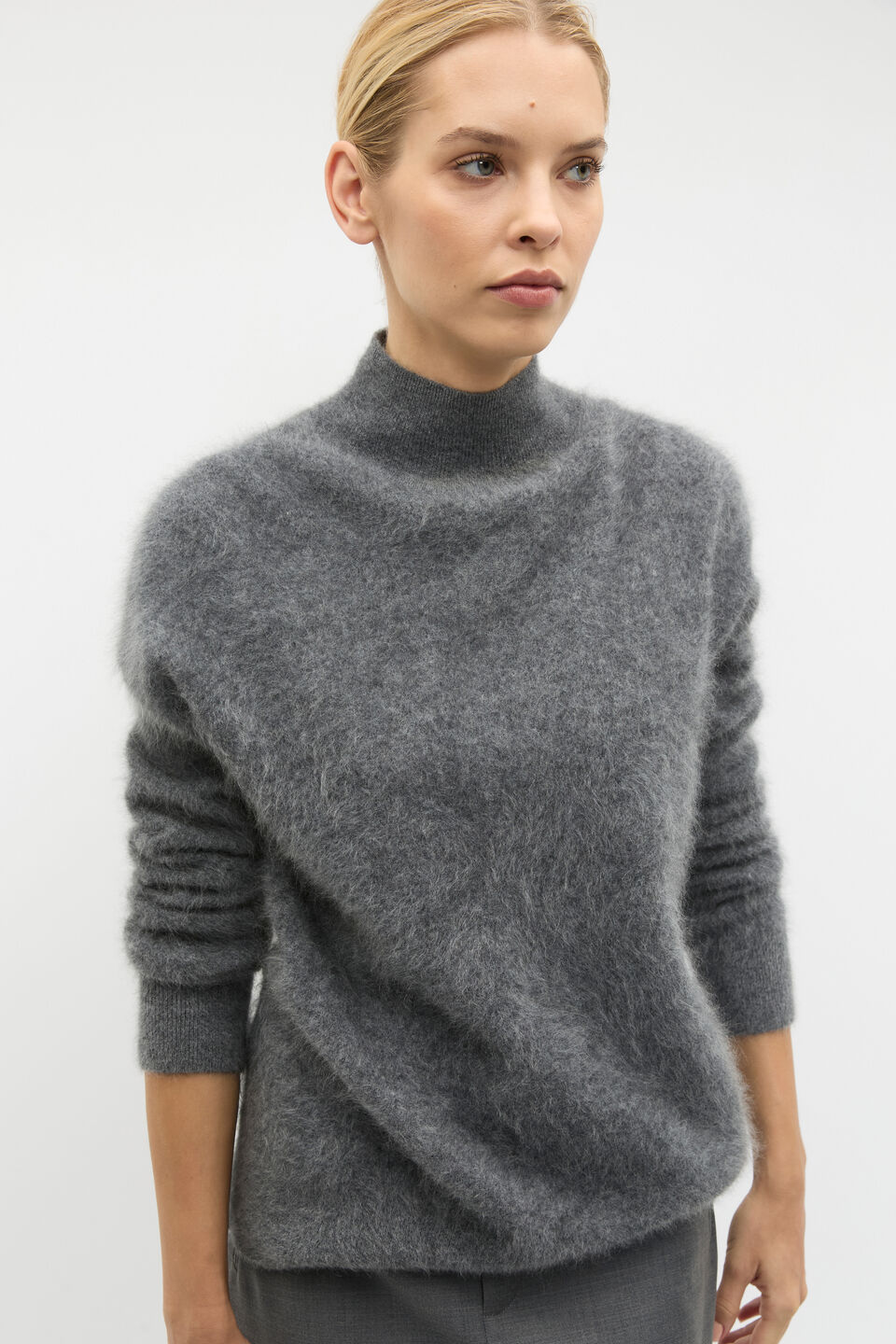 Brushed Cashmere Roll Neck Knit  Charcoal Grey Marle