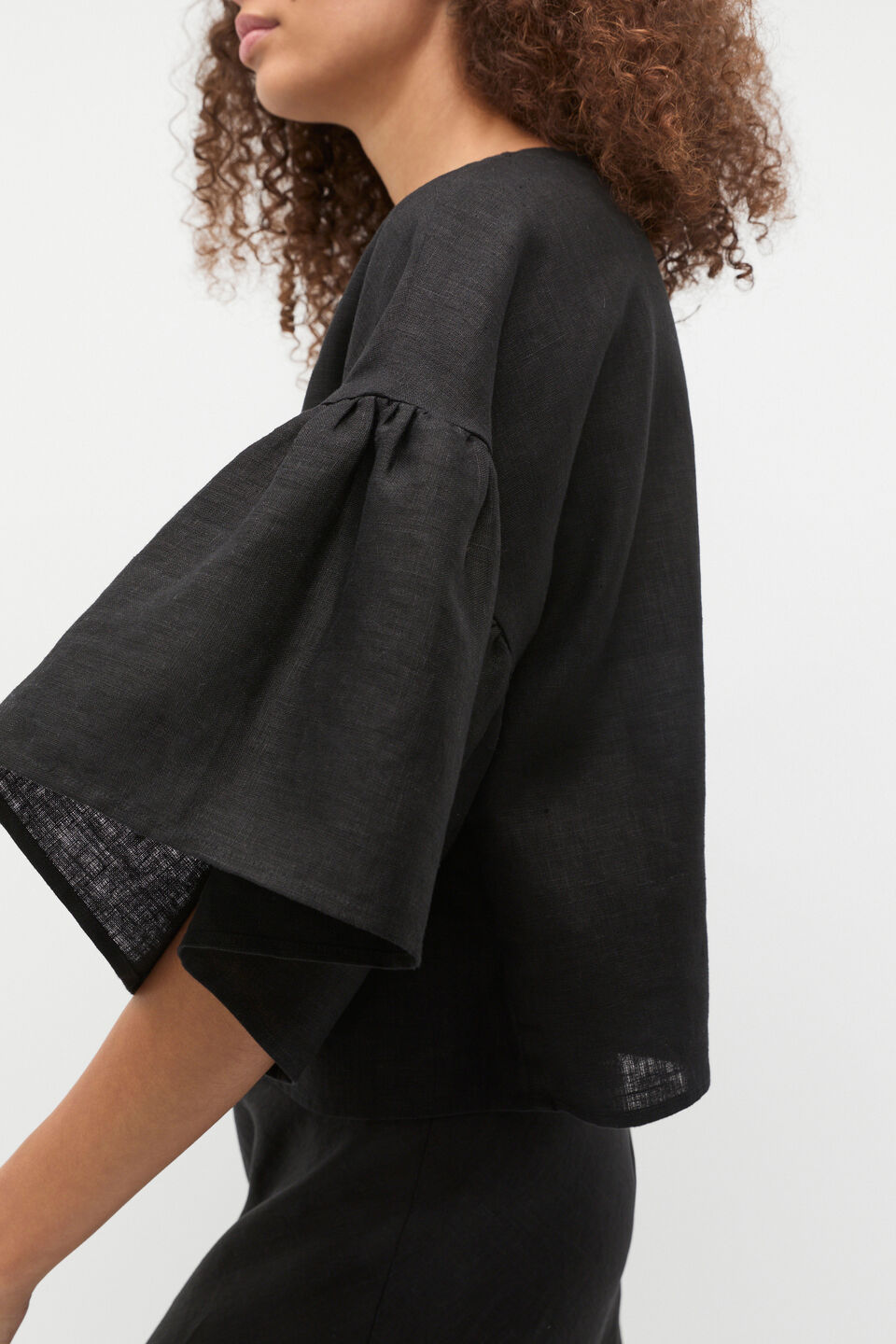Linen Frill Sleeve Top  Black
