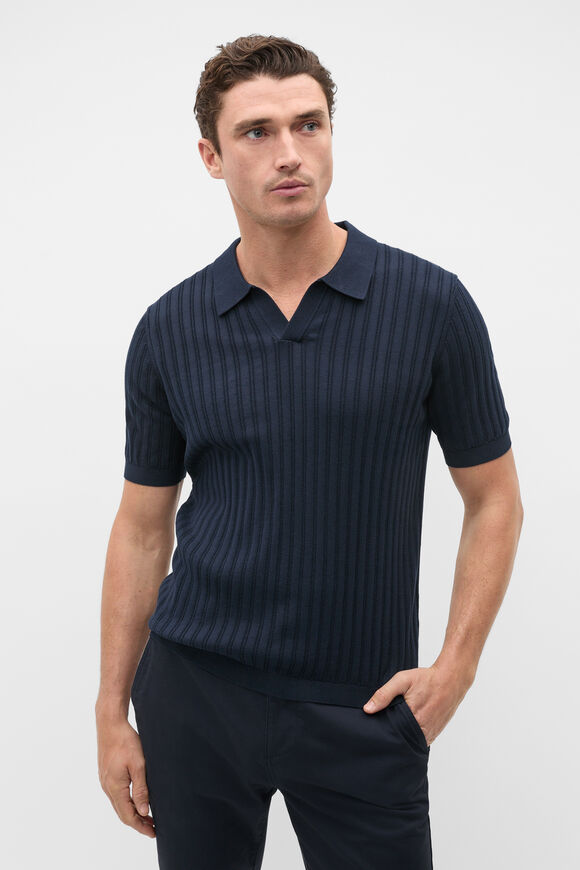 Stripe Cotton Knit Polo  Midnight Blue  hi-res
