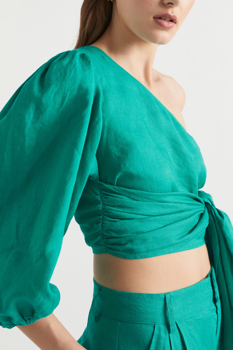 Linen Blouson One Shoulder Top  Deep Teal