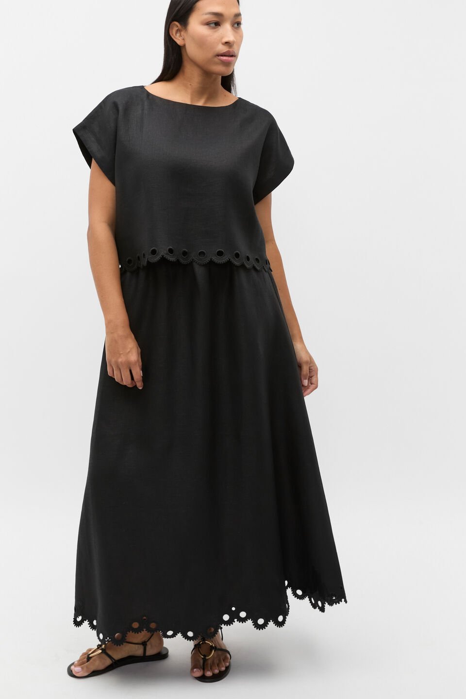 Linen Embroidered Skirt  Black