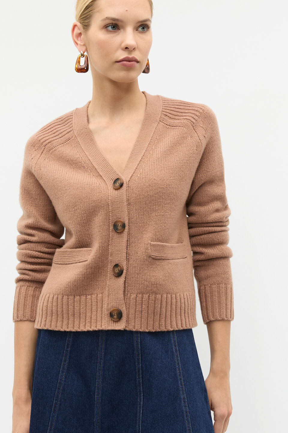 Merino Wool V Neck Pocket Cardigan  Amaretto