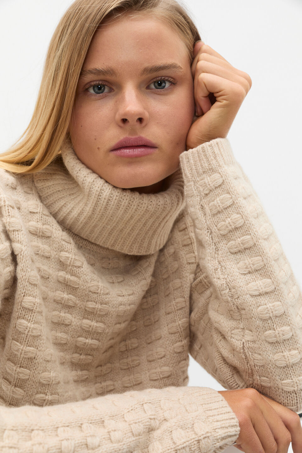 Merino Mixed Stitch Roll Neck  Latte Marle