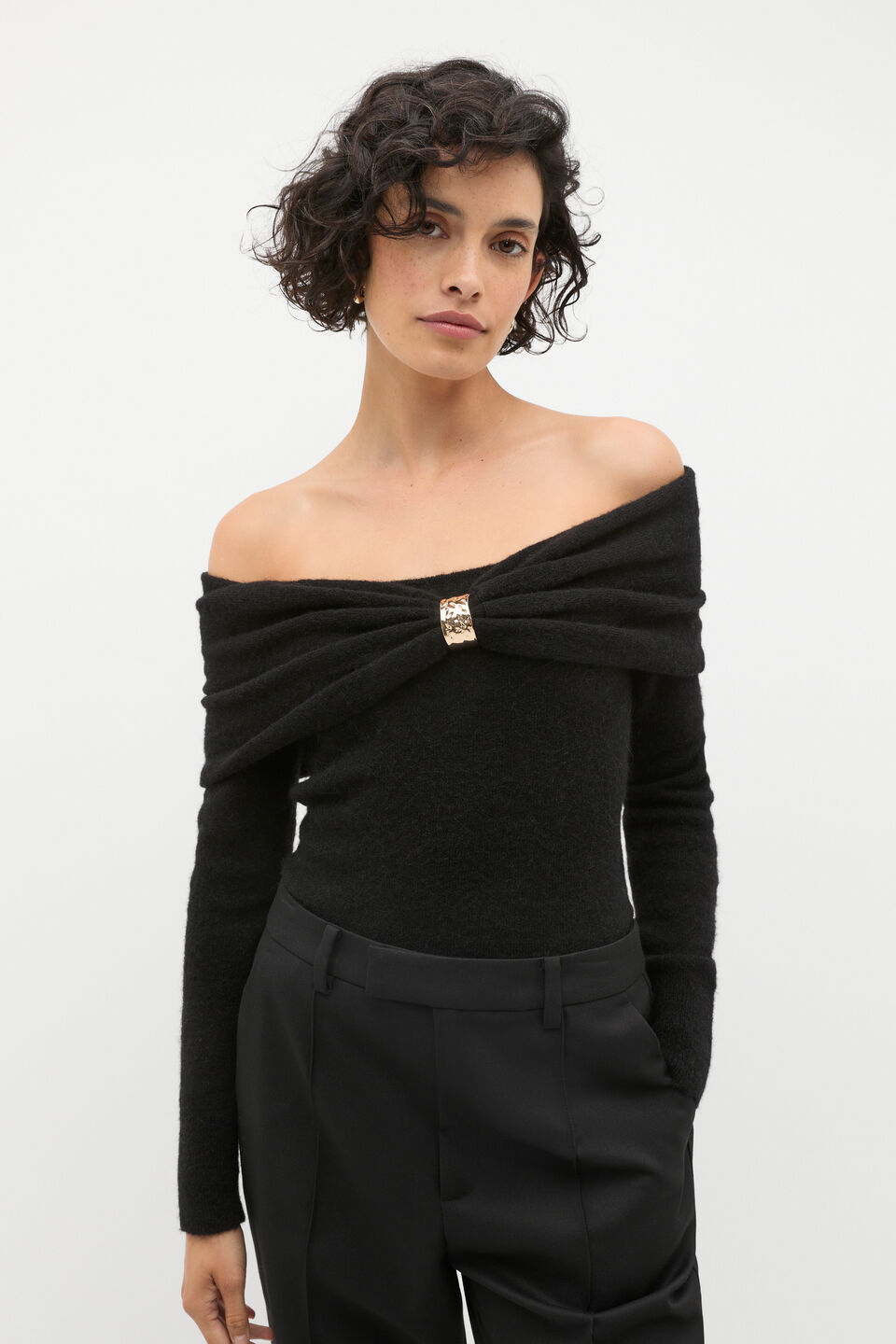 Lofty Twist Off Shoulder Knit  Black