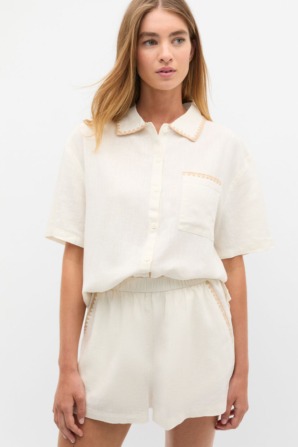 Embroidered Shirt and Short PJ Set  Cloud Cream