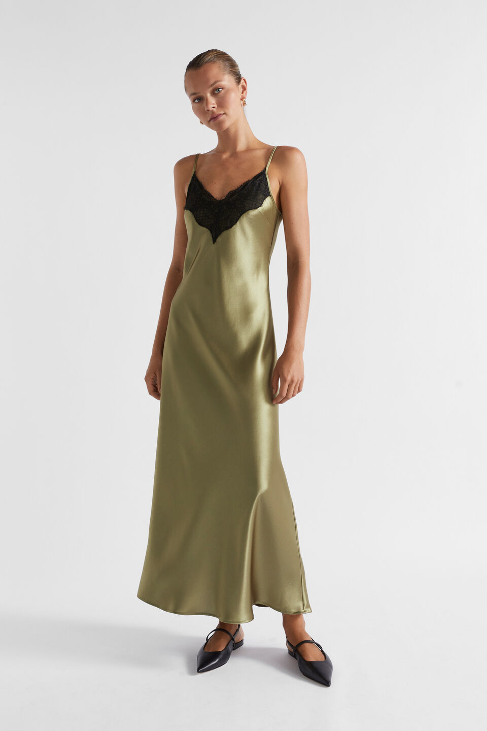 Satin Lace Trim Slip Dress  Pistachio