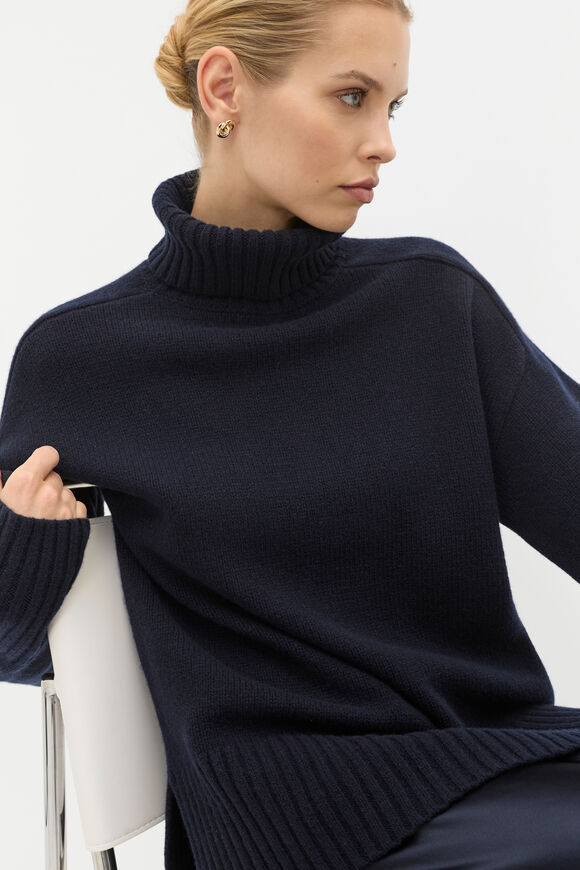 Merino Wool Roll Neck Side Split Knit  Twilight Blue  hi-res