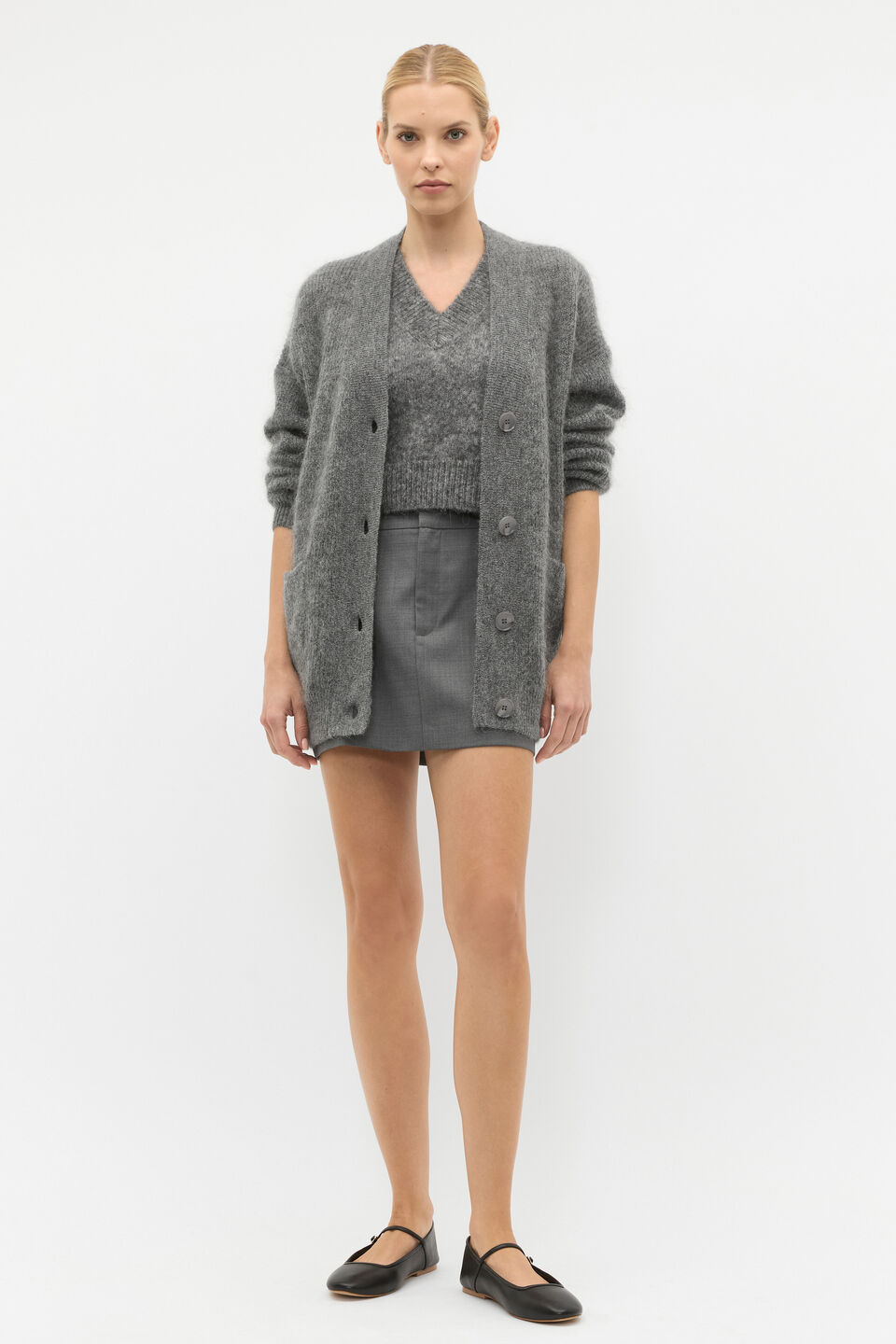 Rib Button Knit Cardigan  Charcoal Grey Marle