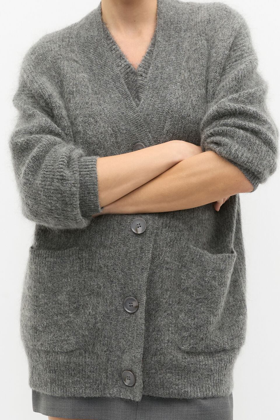 Rib Button Knit Cardigan  Charcoal Grey Marle
