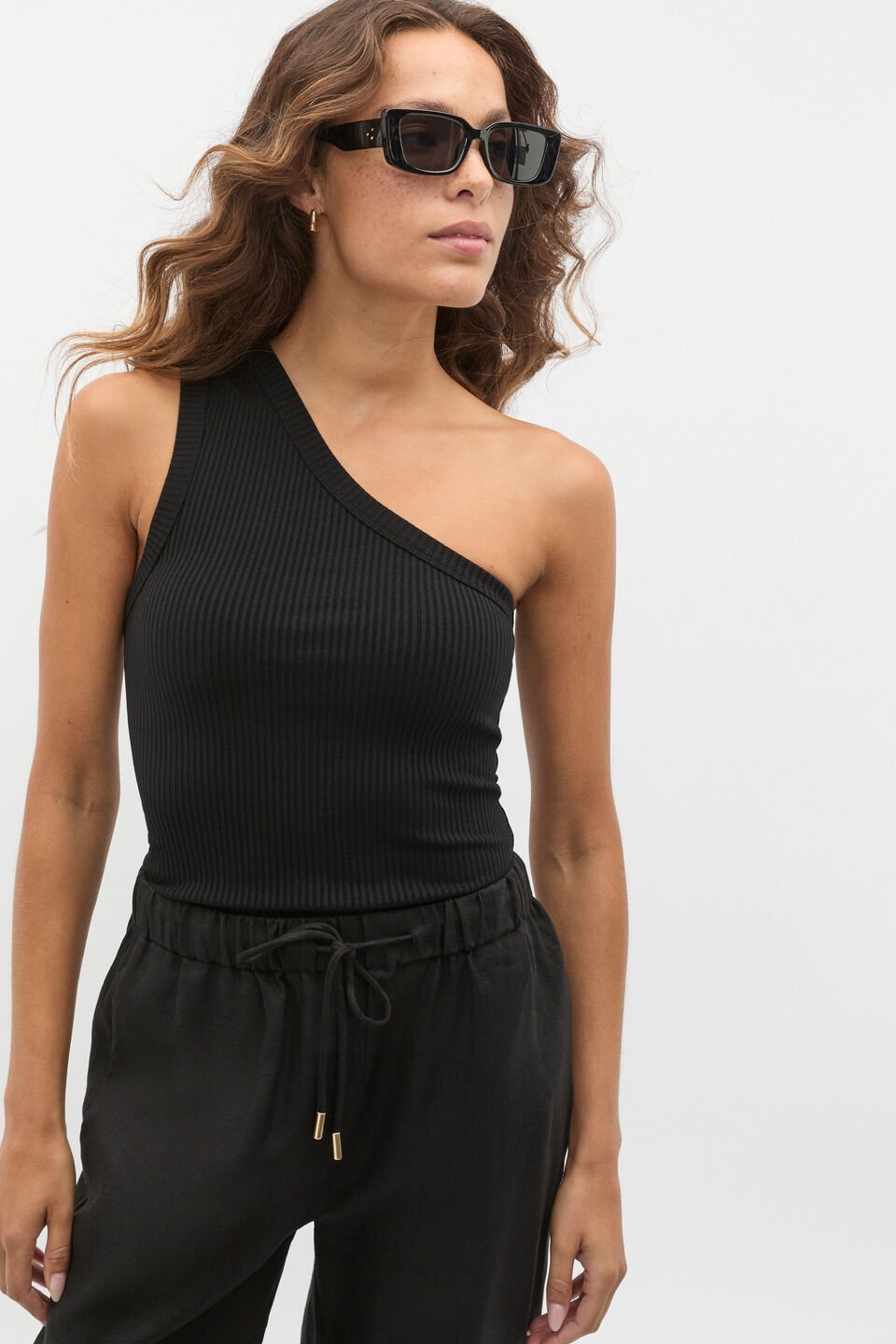 Rib One Shoulder Tank  Black