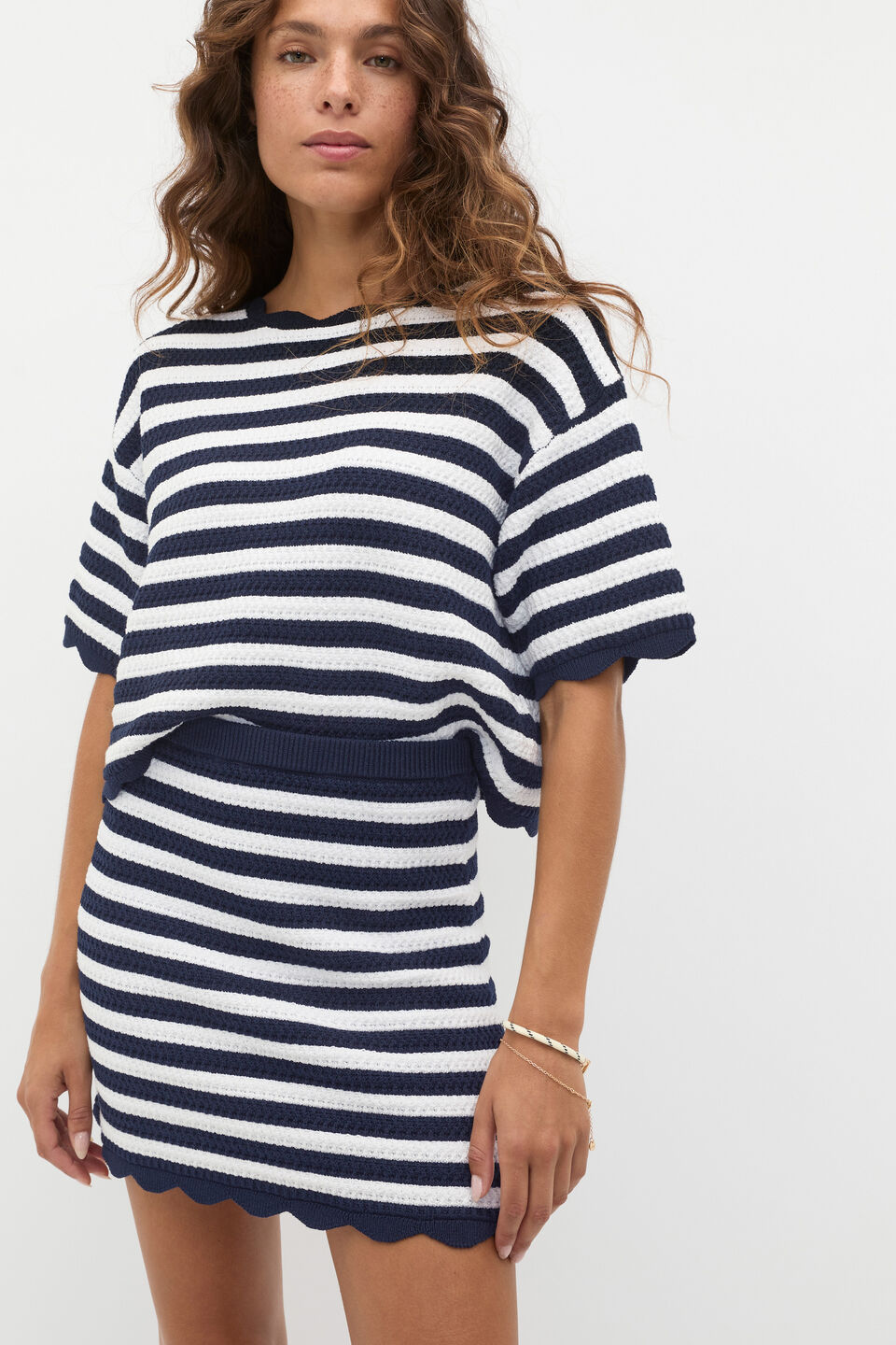 Scallop Stripe Knit Top  Twilight Blue Stripe