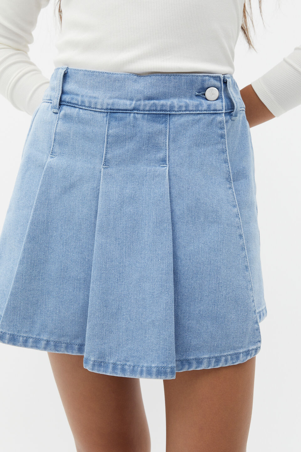 Denim Pleat Skort  Clean Blue Wash