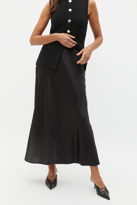 Satin Midi Swing Skirt  Black  hi-res