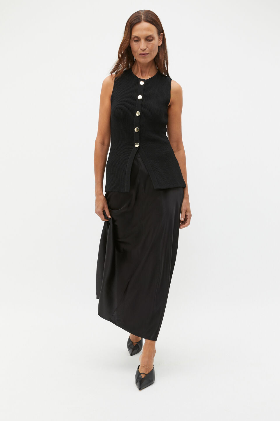 Satin Midi Swing Skirt  Black