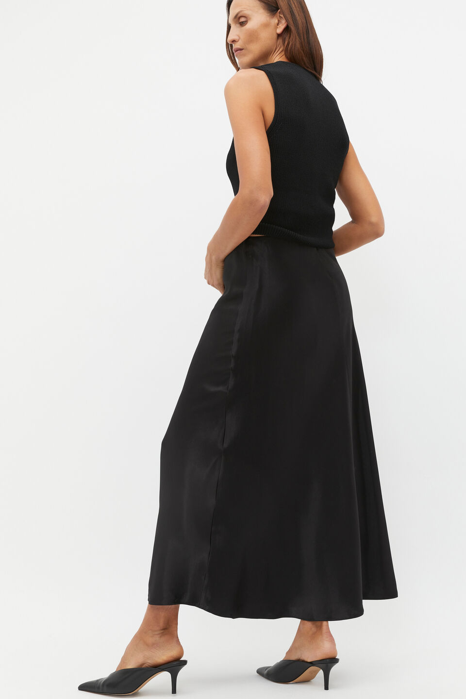 Satin Midi Swing Skirt  Black