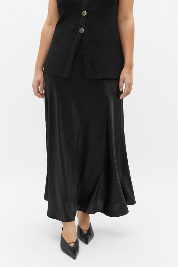Satin Midi Swing Skirt  Black  hi-res