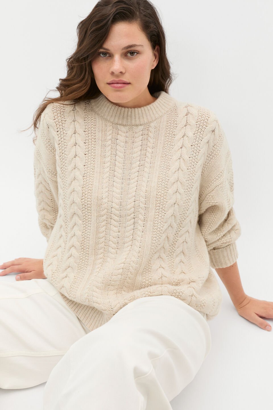 Cable Slouch Crew Neck Knit  Oat Marle