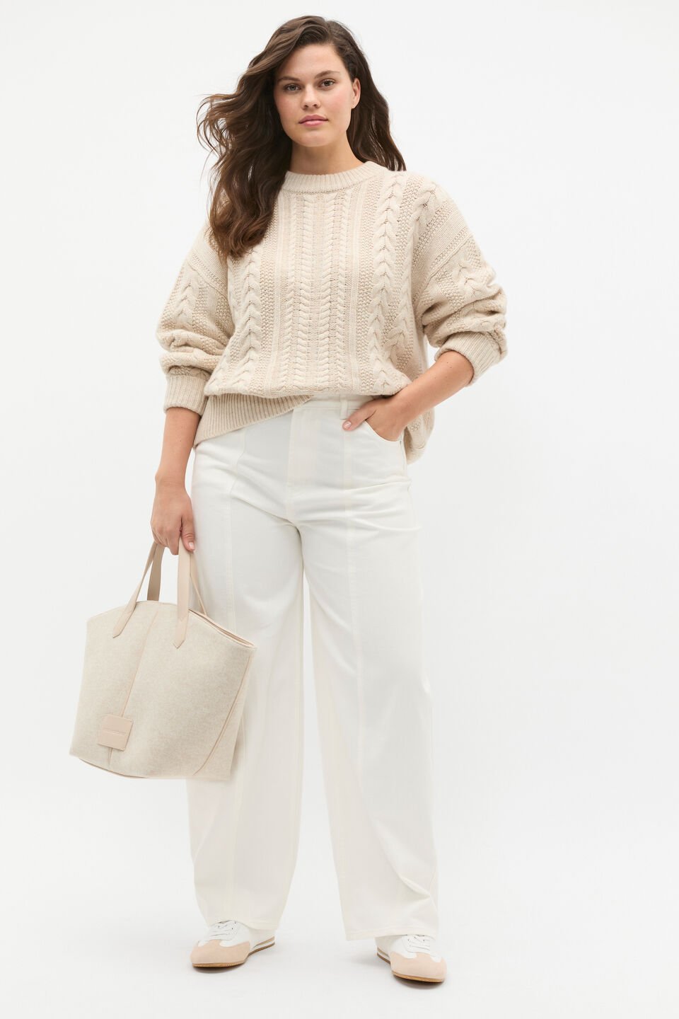 Cable Slouch Crew Neck Knit  Oat Marle