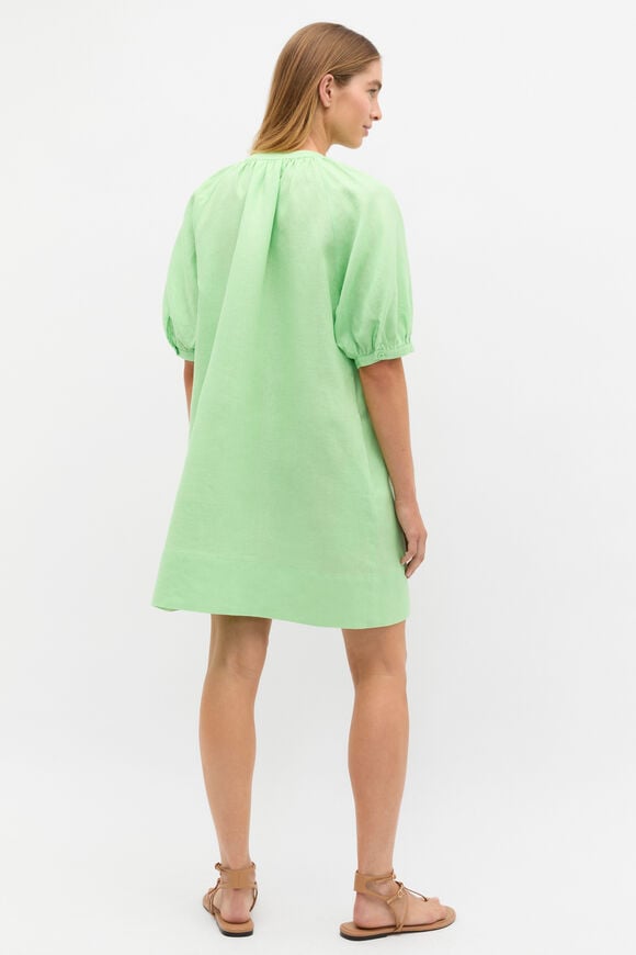 Linen Gathered Mini Dress  Green Apple  hi-res