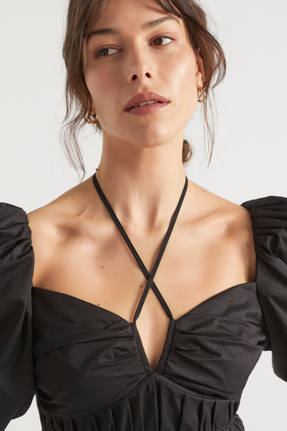 Sateen Tie Neck Top  Black