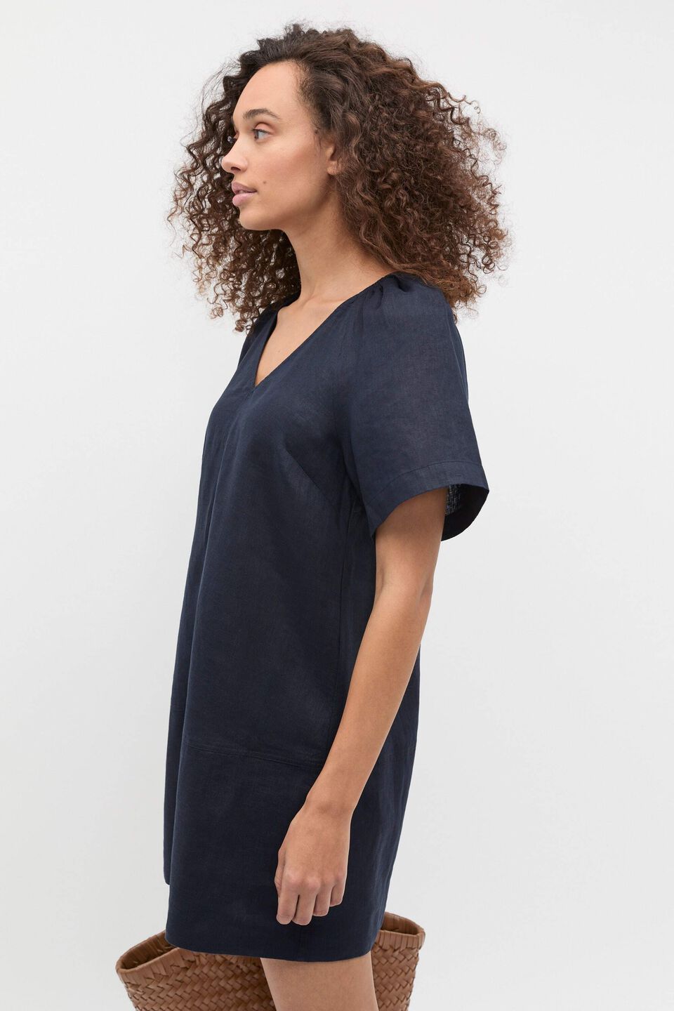 Linen V Neck Flutter Sleeve Mini Dress  Twilight Blue