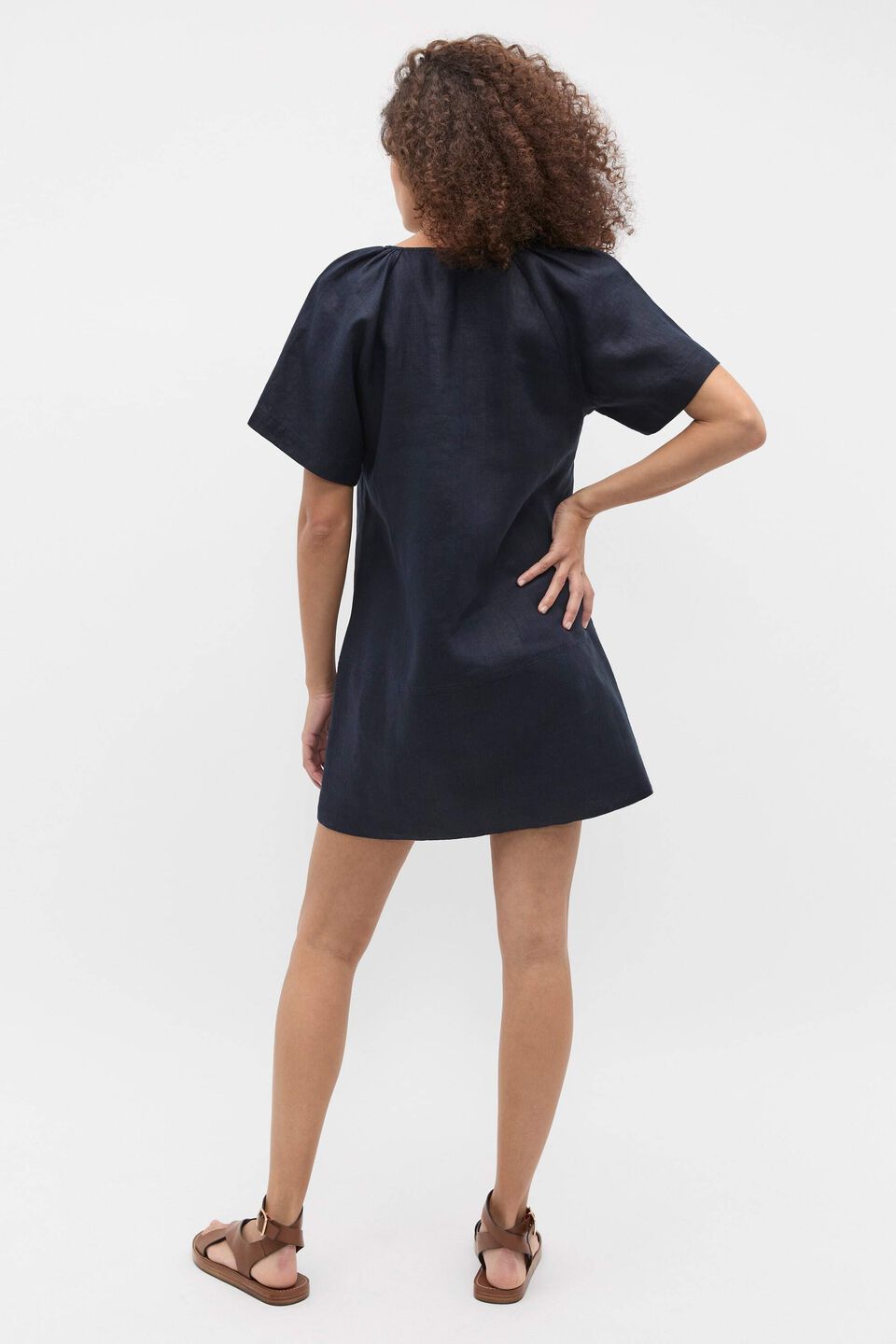 Linen V Neck Flutter Sleeve Mini Dress  Twilight Blue