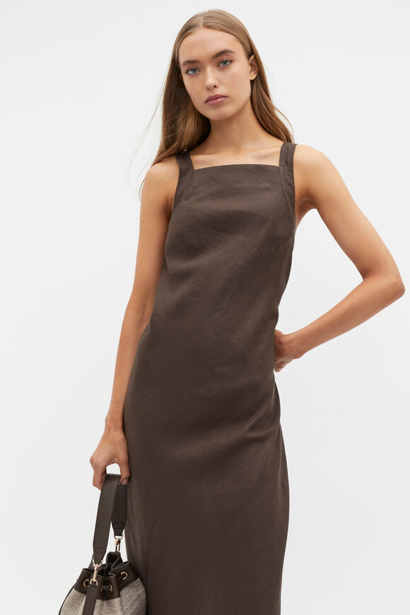 Linen Square Neck Bias Slip Dress  Dark Espresso  hi-res