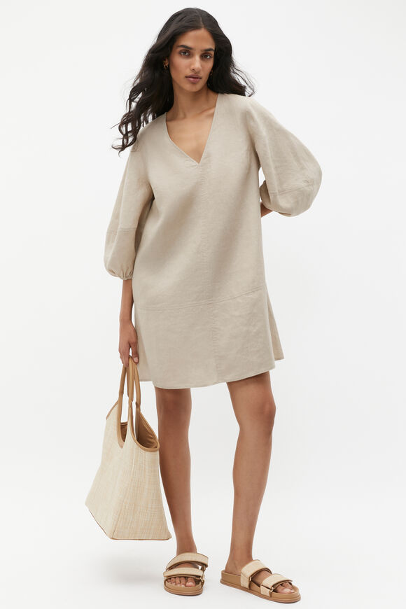 Linen V Neck Seam Detail Mini Dress  Cool Sand  hi-res